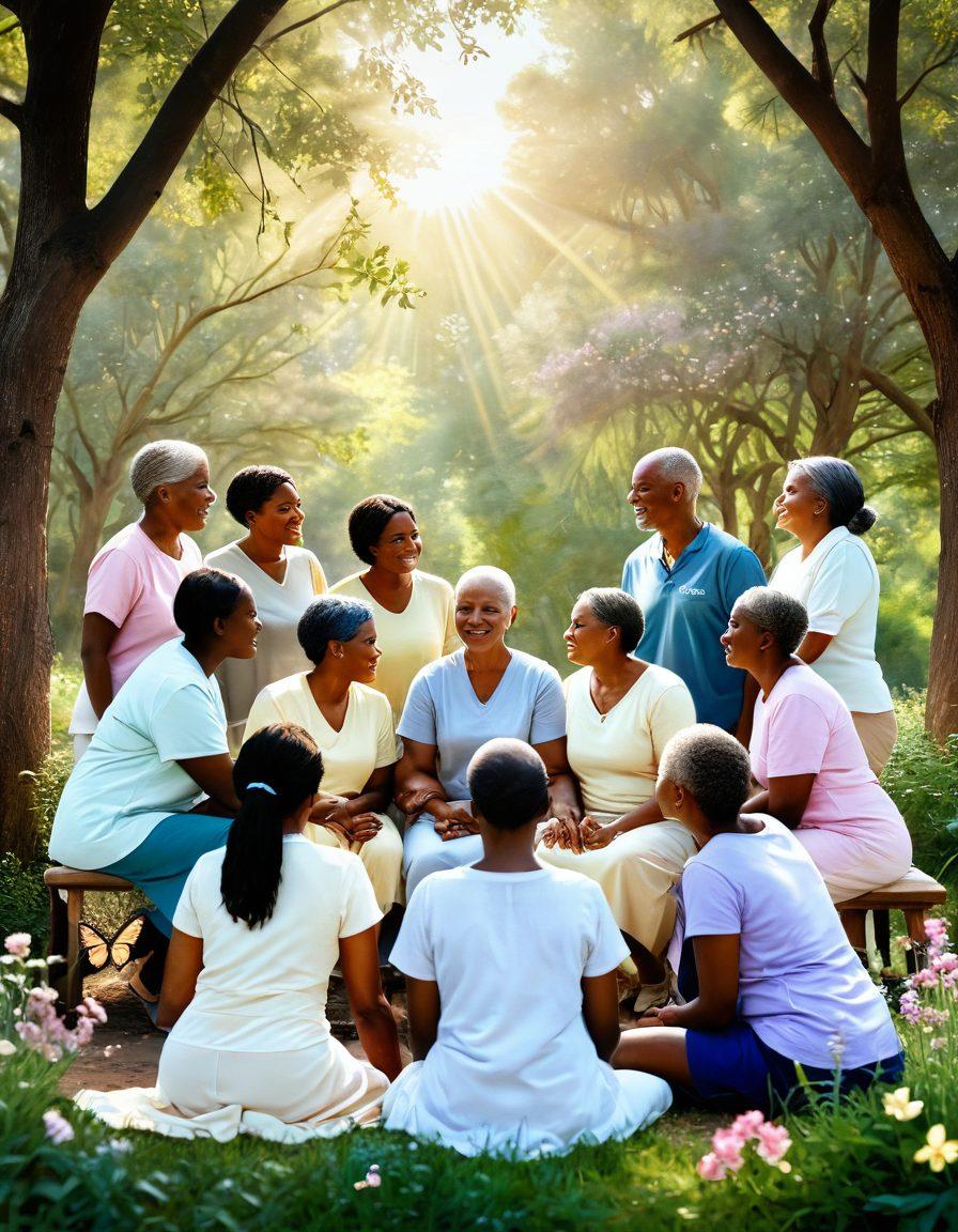 A serene landscape featuring a group of diverse cancer survivors in a supportive circle, with soft sunlight filtering through trees, symbolizing hope and unity. Incorporate elements of nature, like blooming flowers and butterflies, representing new beginnings. Include uplifting quotes in the background, intertwining with the scene. Soft pastel colors. super-realistic.