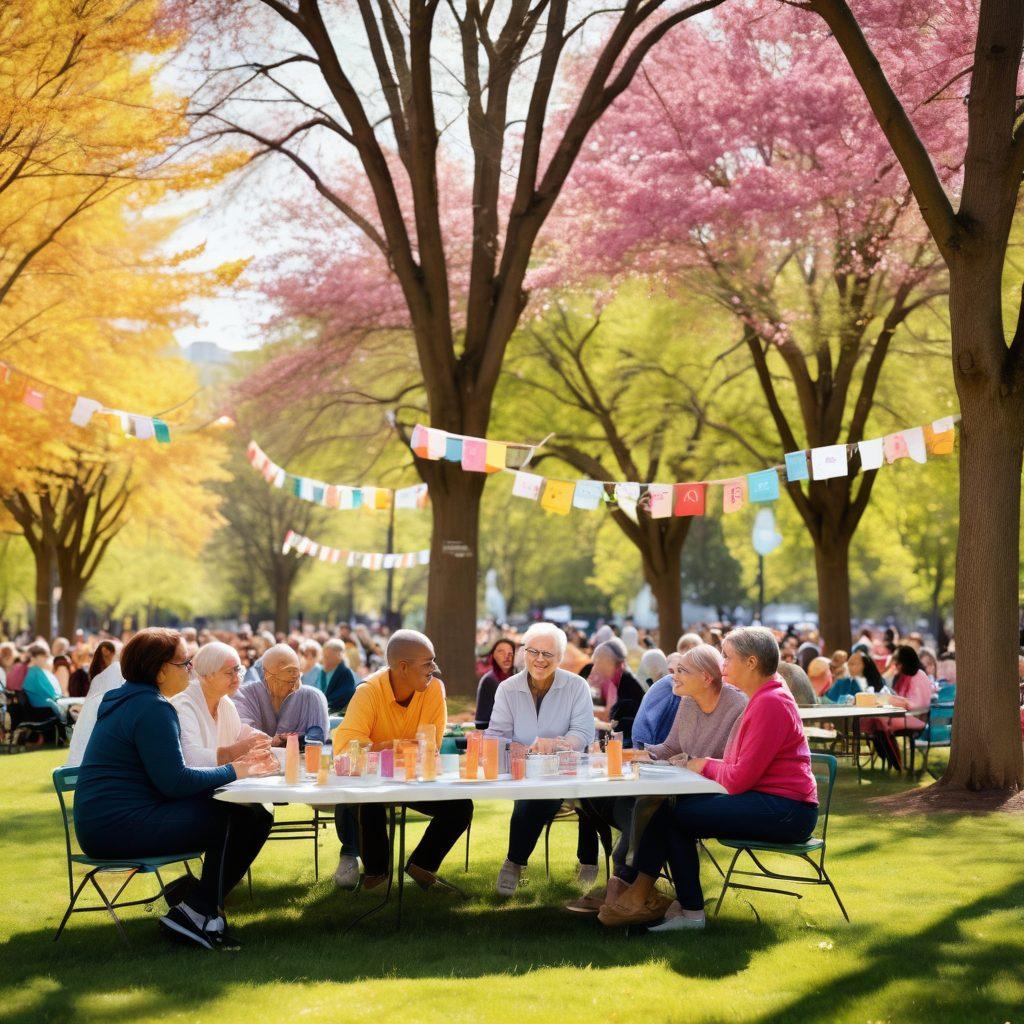 A diverse group of cancer survivors of various ages and backgrounds gathered in a sunlit park, sharing stories and supporting each other with bright smiles. In the background, colorful banners symbolize advocacy and education, while small tables display information about resources and connections. Trees and flowers bloom vibrantly, symbolizing hope and resilience. Soft, inviting atmosphere. vibrant colors. super-realistic.