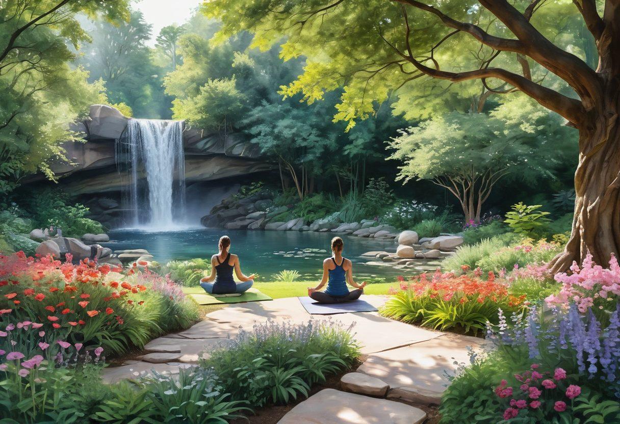 A serene landscape depicting a tranquil healing garden, featuring vibrant flowers and gentle waterfalls symbolizing renewal. In the foreground, a diverse group of people engaging in yoga and meditation, radiating positivity and hope. Soft sunlight filters through lush trees, creating a warm, inviting atmosphere. A subtle integration of cancer awareness symbols, like ribbons, blends with nature. watercolor painting. vibrant colors. soothing tones.